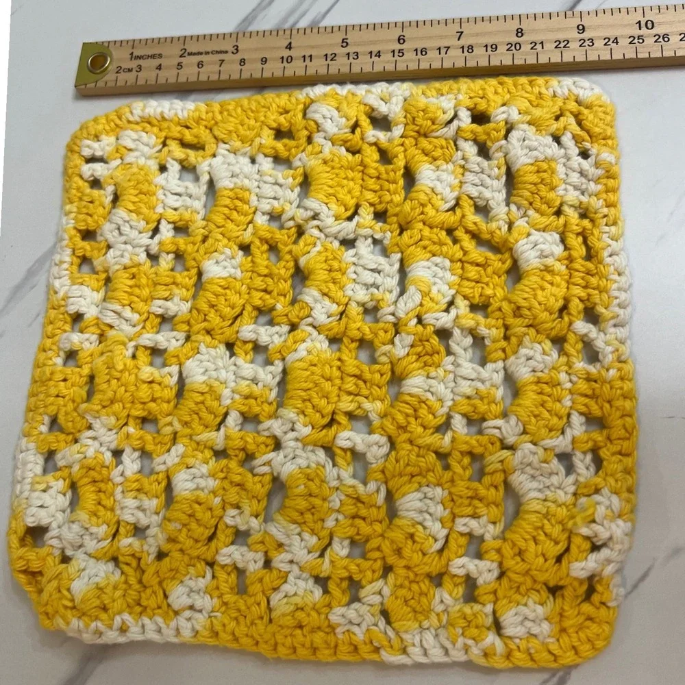 Handmade Crochet Dishcloth Yellow White Variegated Cotton Square 8.5 Inch